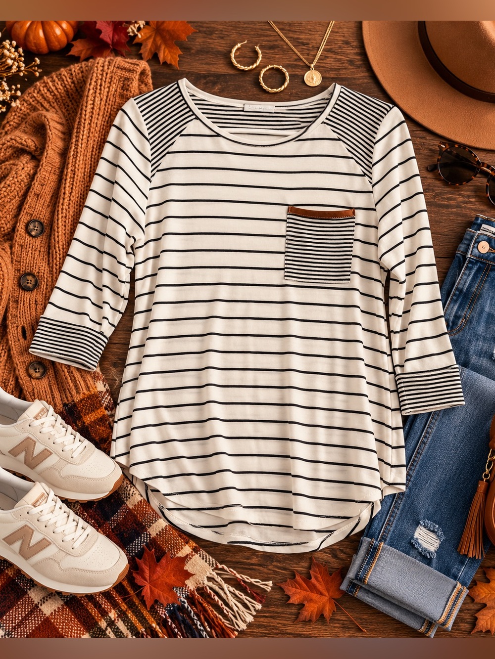 Pink Clover Black & White Striped 3/4 Sleeve Pocket Tee with Brown Trim